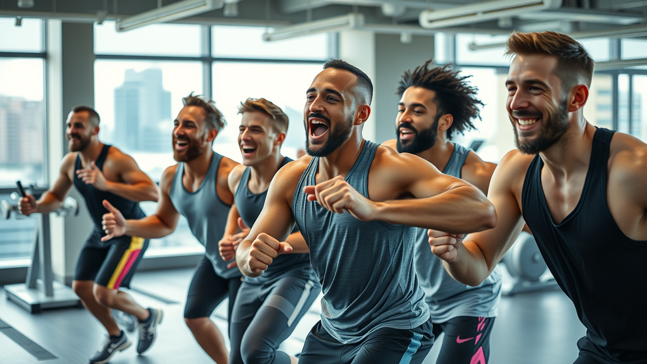 Energetic group of men performing high-intensity cardio exercises at a modern Winnipeg gym, bright spacious gym interior, with city views, action-packed workout scene, cardio exercises for men in winnipeg