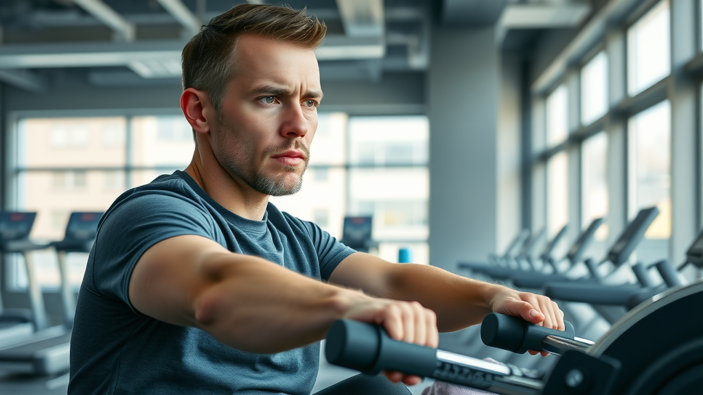 Man using rowing machine for cardio exercises for men in winnipeg at Anytime Fitness gym, determined effort, sleek modern gym interior