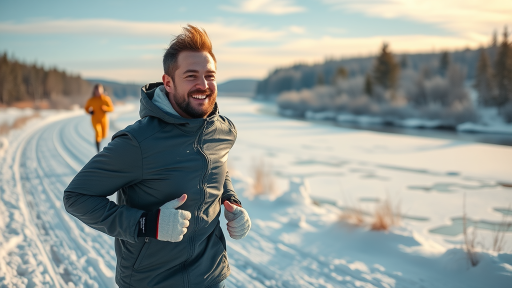 Confident man jogging along snowy riverside trail during winter, cardio exercises for men in winnipeg, golden hour, dynamic breath cloud