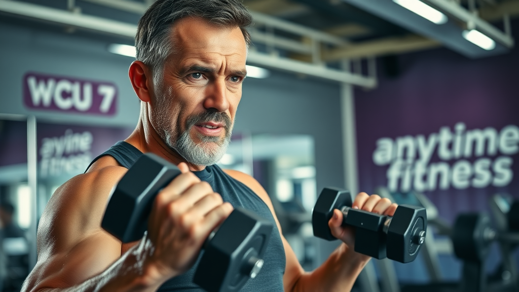 muscle building tips in winnipeg: middle-aged man performing dumbbell curls at Anytime Fitness gym, strong determination, modern Winnipeg gym