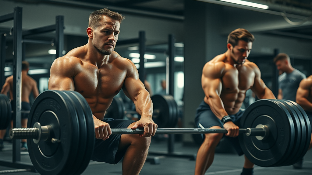 Muscle building in Winnipeg: men performing barbell squats and deadlifts in Anytime Fitness gym, intense training focus