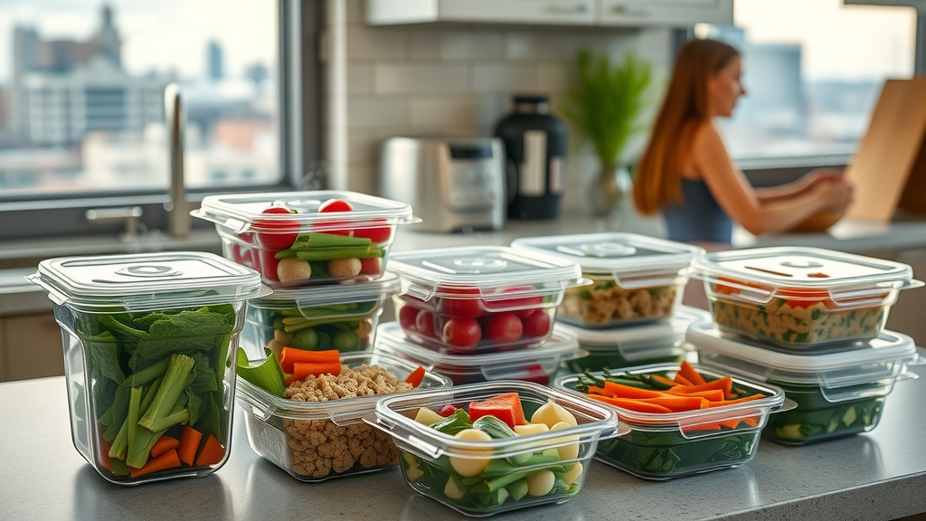 Muscle building meal plan in Winnipeg: healthy meal prep containers of high-protein meals and vegetables on kitchen counter with Winnipeg city view