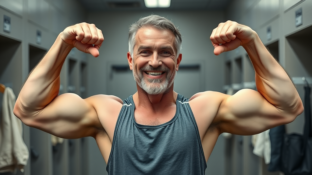 Winnipeg muscle building after 40: confident middle-aged man post-workout at Anytime Fitness, showing muscle gains and achievement