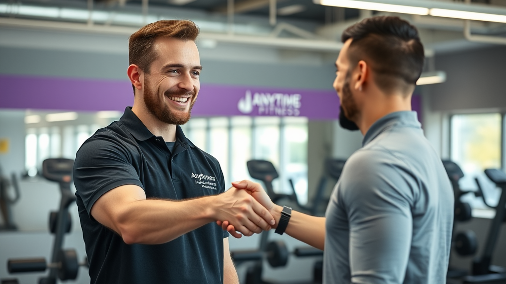 Personal trainer Winnipeg: friendly male personal trainer shaking hands with new client at Anytime Fitness gym, professional atmosphere