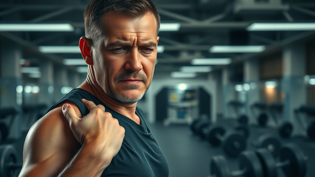 Muscle building mistakes Winnipeg: worried man rubbing shoulder in empty gym late at night, showing overtraining and injury risk