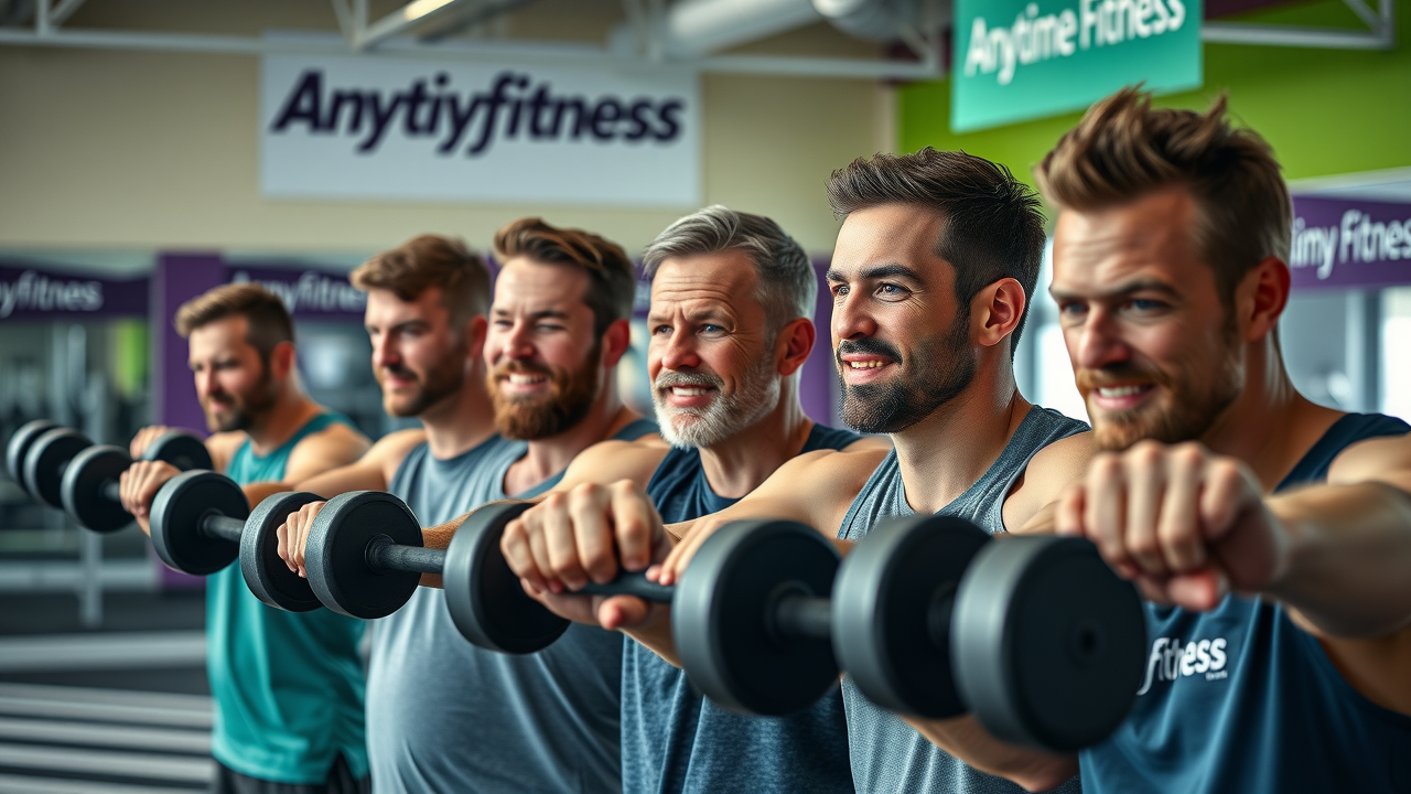 group of men doing strength training at Anytime Fitness Winnipeg, guided by personal trainer