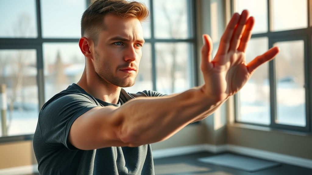 motivated male athlete following stretching routine at Winnipeg gym for optimal men
