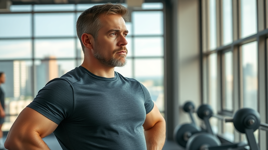 Determined middle-aged Canadian man after gym workout, weight loss strategies for men in Winnipeg, modern gym with city views, highly detailed, natural daylight