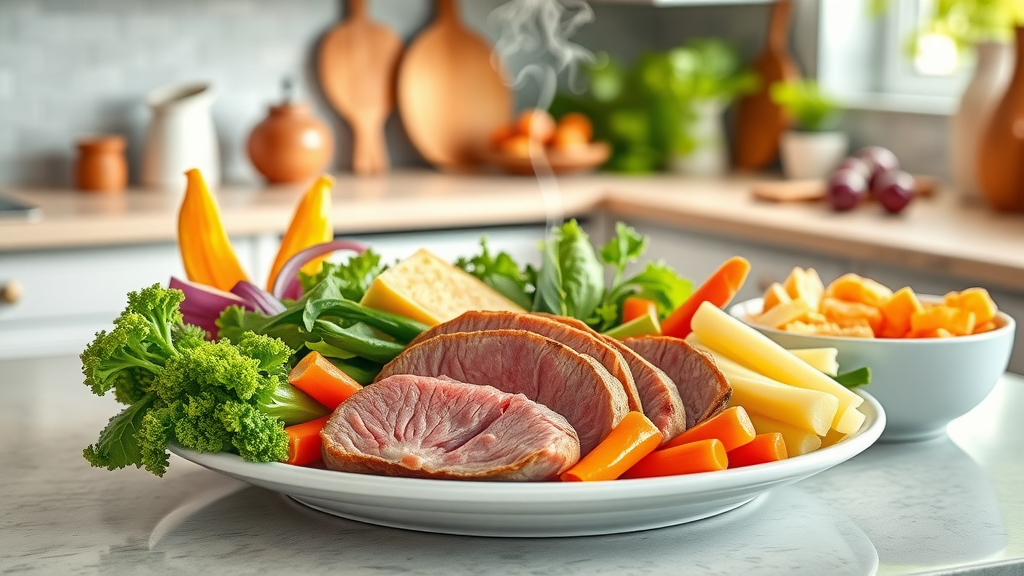 Healthy meal with lean proteins and vegetables, meal plan for men in Winnipeg, vibrant kitchen with natural light, steam rising from plate