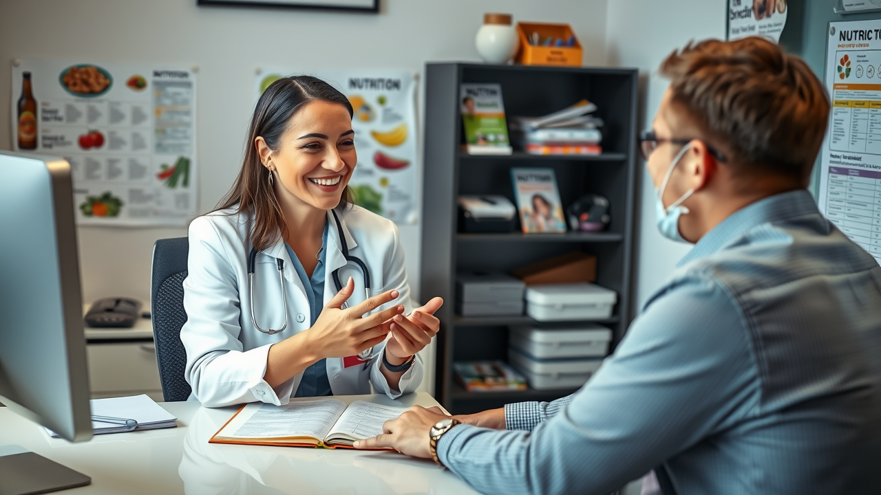 Registered dietitian explaining nutrition to client, weight loss strategies in Winnipeg, office with charts, friendly professional atmosphere