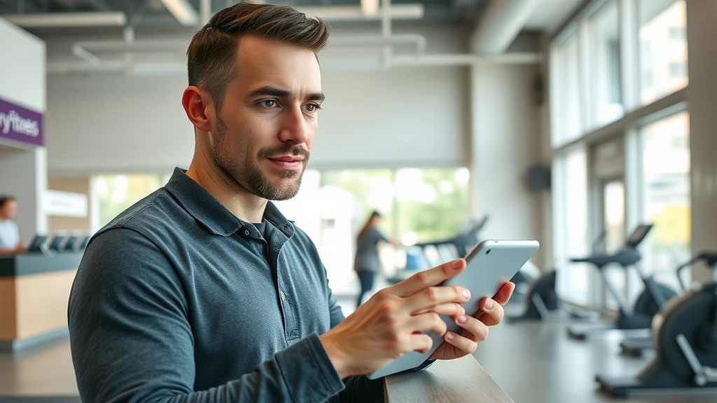 Motivated man scheduling gym appointment, weight loss strategies for men in Winnipeg, gym lobby, bright and welcoming, focused expression