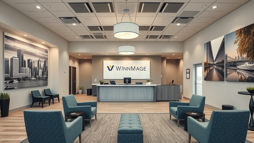 Modern weight loss clinic interior, welcoming space in Winnipeg, gym equipment and cityscape artwork, relaxing, organized, pastel tones