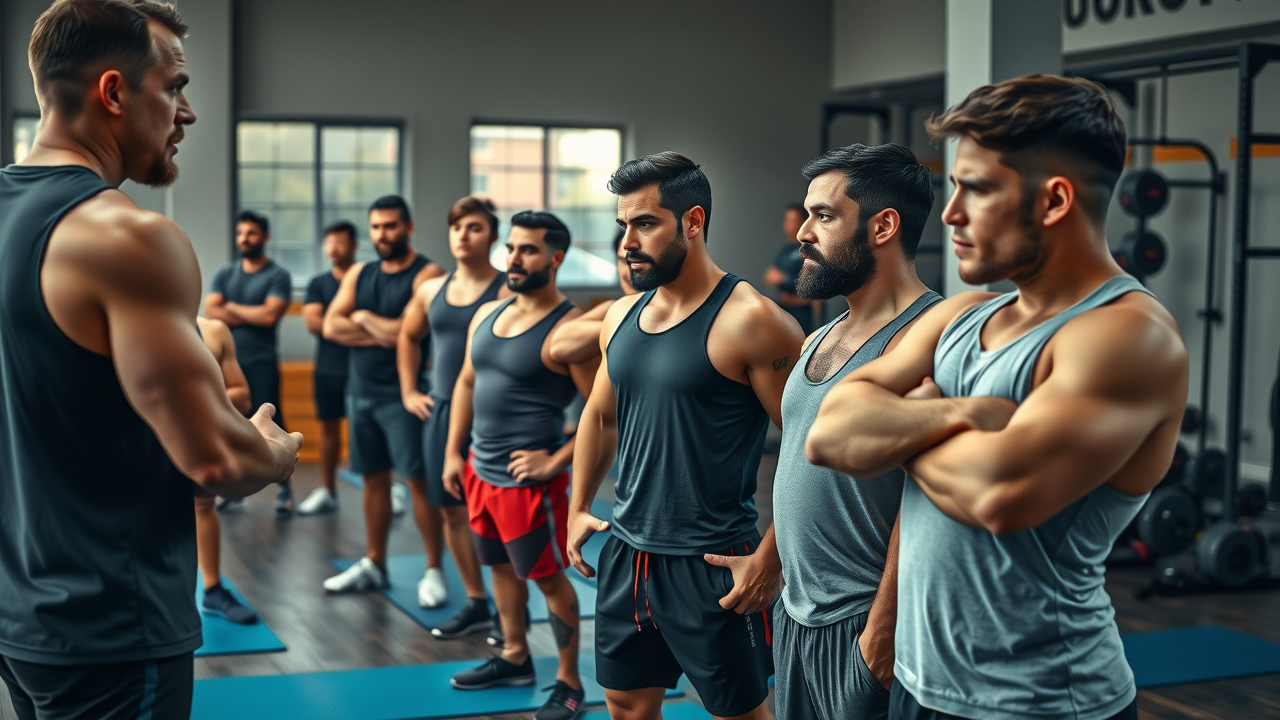 A dedicated group of men listening attentively to a personal trainer