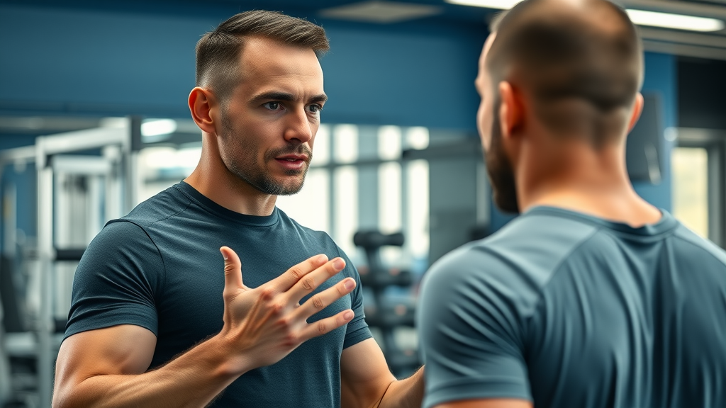 Inspiring male personal trainer in Winnipeg demonstrating exercise technique, motivating a client for personal training and fitness goals.