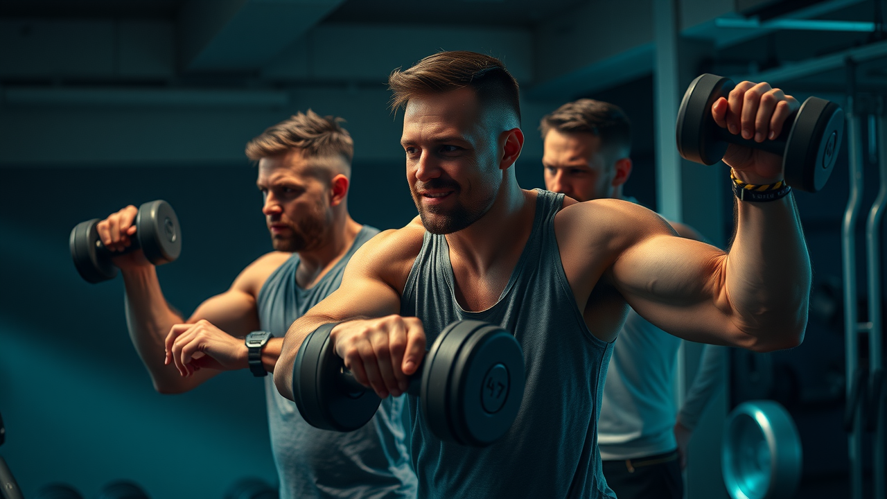 Determined men in Winnipeg energized during a strength and conditioning workout, lifting weights and building muscle mass to reach their fitness goals.