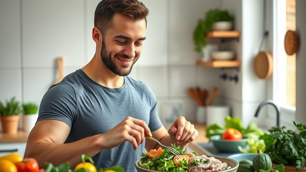 Disciplined Winnipeg man preparing a healthy post-workout meal in a bright kitchen, prioritizing nutrition for muscle maintenance and weight loss.