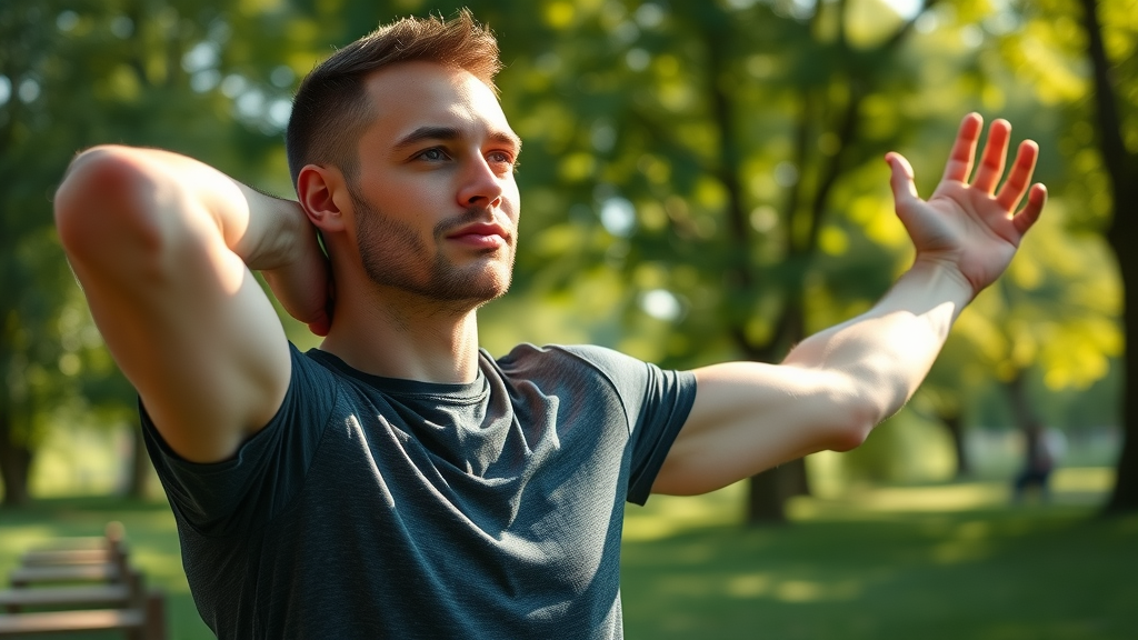 Relaxed athletic Winnipeg man stretching after a workout in a park, focused on recovery and healthy lifestyle habits.