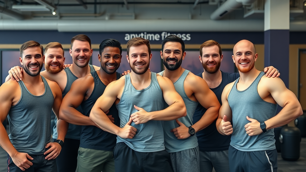 Group of proud, smiling Winnipeg men posing together after a fitness class, symbolizing community fitness motivation and achievement.